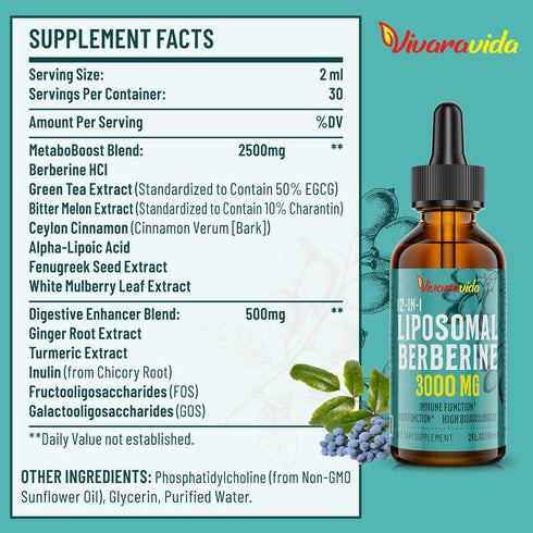 Berberine HCl Drops Supplement 3000 mg - Liposomal Berberine HCl Liquid - AMPK Activator with Turmeric, Ceylon Cinnamon, 12 Natural Ingredients - 2 fl oz