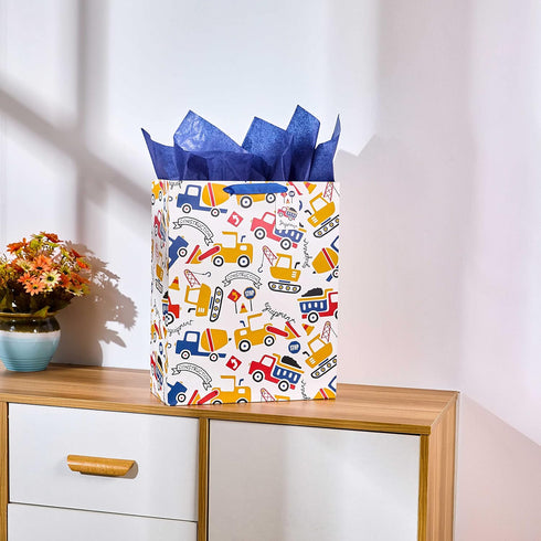 SUNCOLOR 16" Extra Large Gift Bag with Tissue Paper for Boys (Vehicle Design)