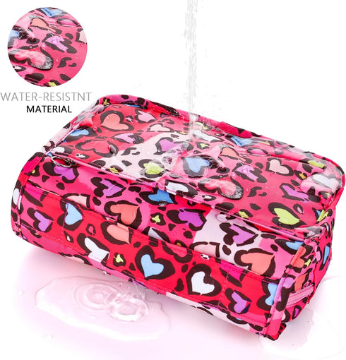 Kids Hanging Toiletry Bag for Girls, Waterproof Travel Cosmetic Makeup Wash Bag, Toddler Toiletries, Leopard Red