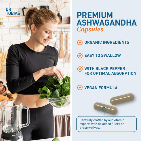 Dr. Tobias Ashwagandha Capsules, 1300mg Organic Root Extract with Black Pepper, 60 Vegetarian Capsules
