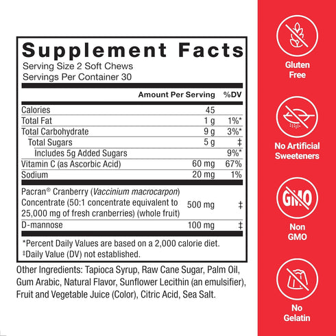 FORCE FACTOR Cranberry Soft Chews, with D Mannose and Cranberry Extract, 60 Soft Chews