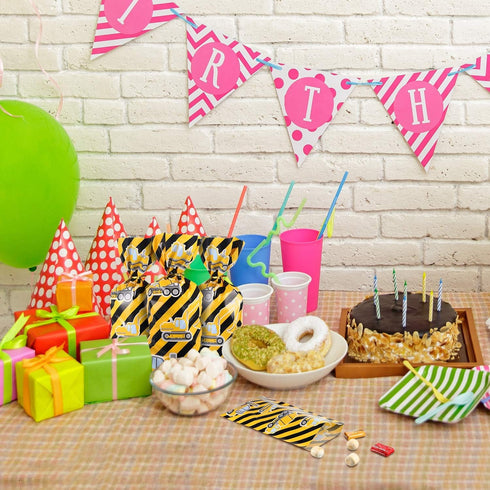 Gejoy 100 Pieces Construction Party Favor Bags, Truck Themed Candy Treat Gift Bags with Golden Twist Ties