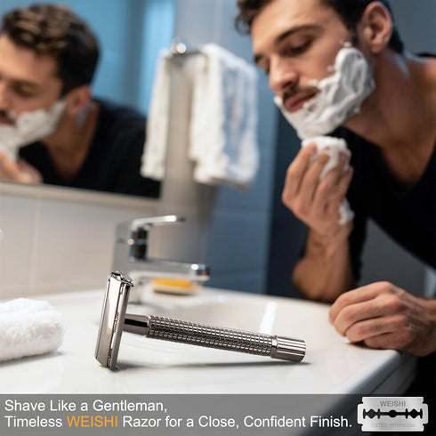 WEISHI Butterfly Open Double Edge Safety Razor for Men - Nostalgic Long Handle with 5 Stainless Blades