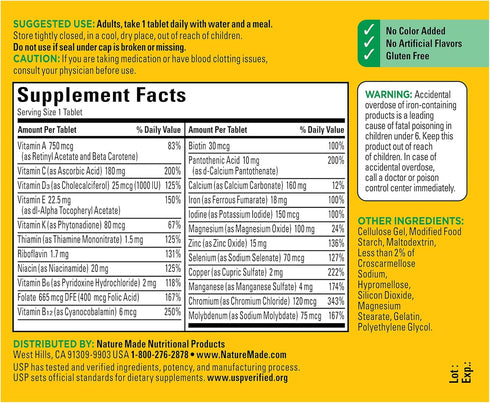 Nature Made Multivitamin Tablets with Iron and Vitamin D3, 130 Count for Daily Nutritional Support