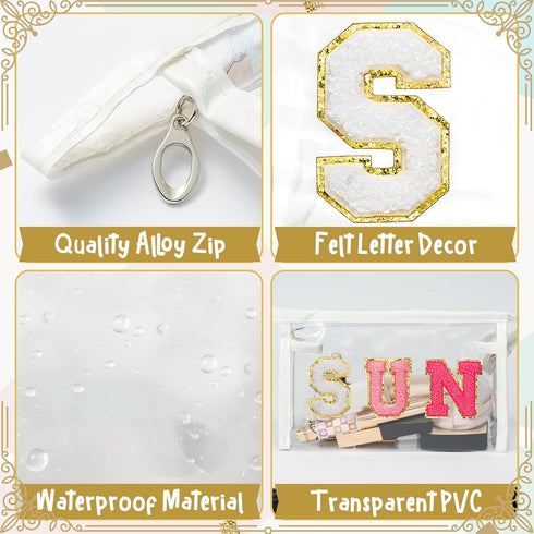 Y1tvei Clear SUN Makeup Bag, Preppy Rose Red Chenille Varsity Letter Cosmetic Bag for Women, Waterproof Organizer