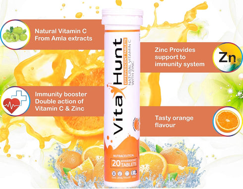 Vitamin C 1000 mg with Zinc - Antioxidants for Immune Support - 20 Effervescent Tablets - Orange Flavour