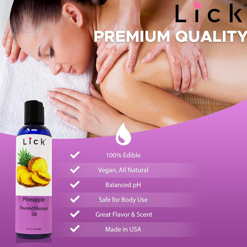 Lick Pineapple Flavored Massage Oil, Romantic Body Safe Non-Greasy Formula, 4 oz