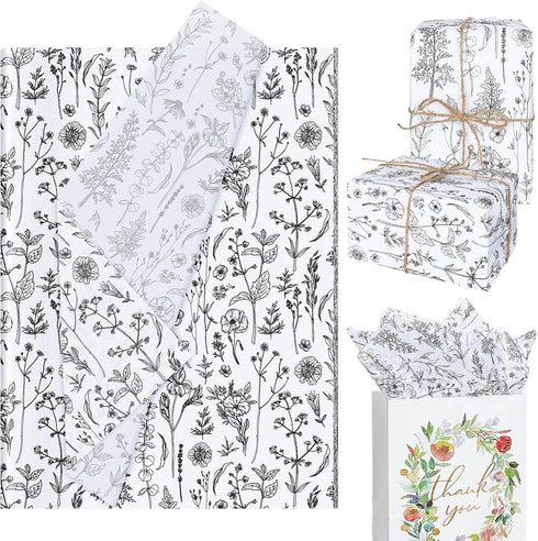 AnyDesign 100 Sheet Vintage Wildflower Tissue Paper, Black and White Floral Gift Wrapping, 13.8 x 19.7 Inch