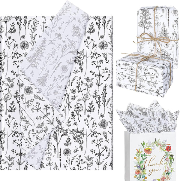 AnyDesign 100 Sheet Vintage Wildflower Tissue Paper, Black and White Floral Gift Wrapping, 13.8 x 19.7 Inch