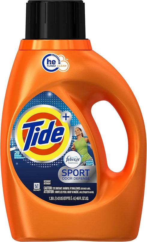 Tide Plus Febreze Freshness Sport Liquid Laundry Detergent, 46 oz, Active Fresh