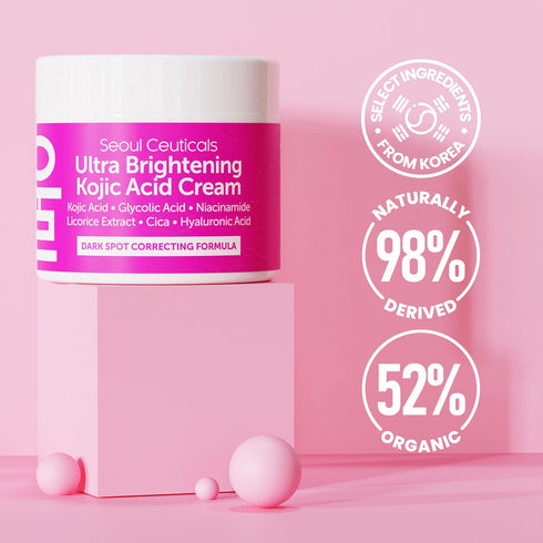 SeoulCeuticals Korean Kojic Acid Cream 2oz - Dark Spot Remover with Glycolic Acid, Niacinamide, Cica, HA - Cruelty Free
