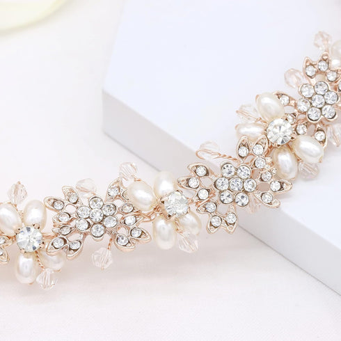 Oriamour Bridal Headpiece, Flower Design Wedding Headband Hair Accessories (Rose Gold)