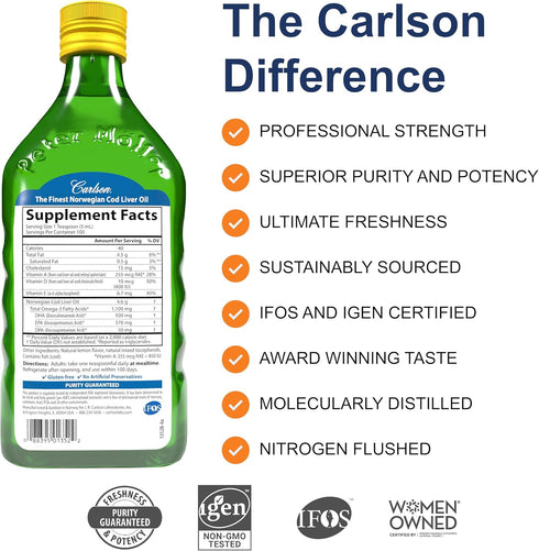 Carlson Cod Liver Oil, 1100 mg Omega-3s, Wild Caught Norwegian Arctic Cod Liver Oil, 500 mL