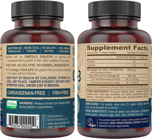 DEVA Vegan Omega-3 DHA Supplement, Once-Per-Day Softgel 200 MG, Carrageenan Free, Gelatin Free, Non-Fish, Algae Oil, Omega-3 Fatty Acids - 90 Softgels