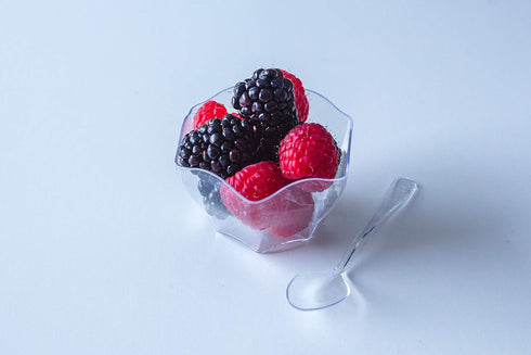 Flower Shape Mini Bowl with Spoons Included, 50 Count Clear Plastic, 2.7 Ounce