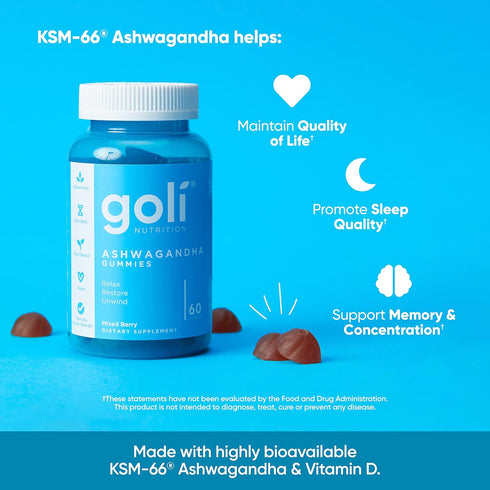 Goli Ashwagandha & Vitamin D Gummy, 60 Count, Mixed Berry, Vegan, Plant Based, Relax, Restore, Unwind