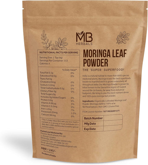 MB Herbals Moringa Leaf Powder 8 oz (227g / 0.5 LB) | 100% Pure Moringa Powder | Antioxidants Calcium Iron Protein & Vitamins | Easily Mixes in Drinks & Smoothies