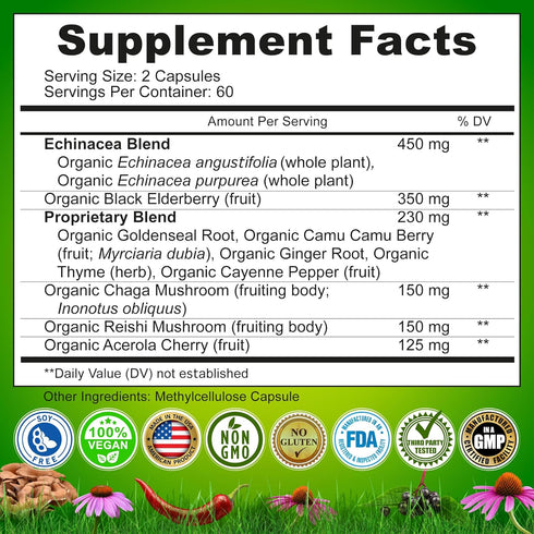 Echinacea Goldenseal Capsules - 10 in 1 Immune Support Supplement, 1455mg, 2 Month Supply