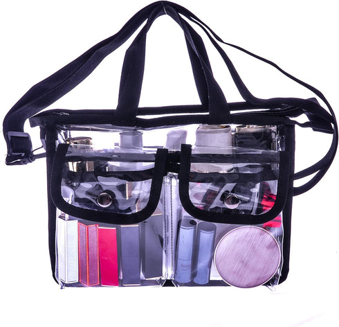 Medium Clear PVC Makeup Artist Set Bag, Transparent Cosmetic Storage for Travel, Stadium Approved Tote with Strap