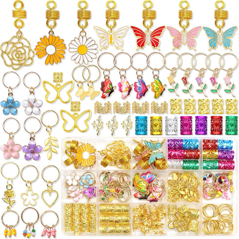 NAISKA 146PCS Gold Hair Jewelry for Braid, Handmade Butterfly Flower Charm Locs Dreadlock Accessories for Women