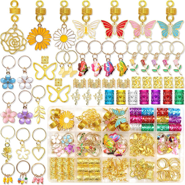 NAISKA 146PCS Gold Hair Jewelry for Braid, Handmade Butterfly Flower Charm Locs Dreadlock Accessories for Women
