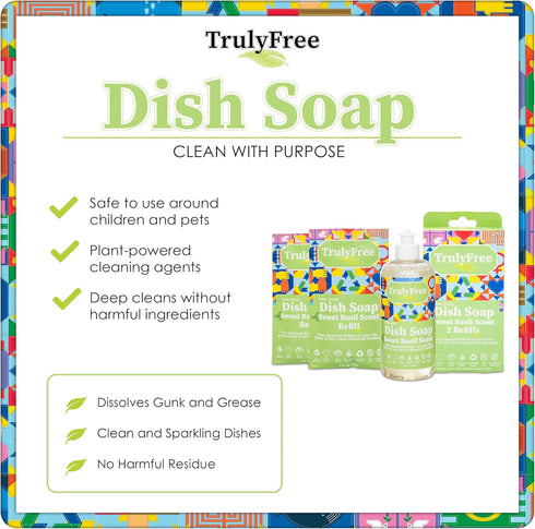 Non-Toxic Natural Liquid Dish Soap | Long-Lasting Sweet Basil Fresh Scent | Includes 1 Empty Refill Bottle (16oz), 2