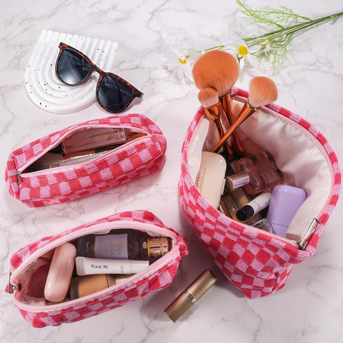 3Pcs Checkered Makeup Bag for Women Large Cosmetic Bag Set Travel Toiletry Bag Makeup Pouch Bag for Purse Pink Zipper Storage Bag Organizer Cute Small Aesthetic Girls Car Essentials Bag