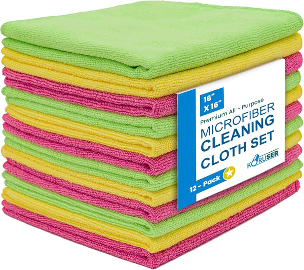 KORUSER Microfiber Cleaning Cloths - Reusable and Washable - Multi Purpose Indoor/Outdoor Cleaning/Dusting/Polishing