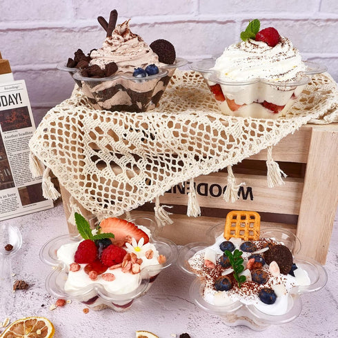 50ct 8oz Clear Plastic Dessert Cups with Spoons, Disposable Flower Shaped Ice Cream Bowls, Party Sundae Serving Bowls for Ice Cream, Nuts and Salad, Trifle Tasters Containers by Hiasobre
