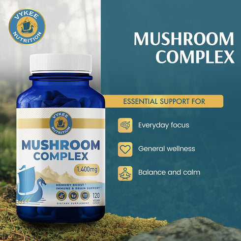 Immune 1,400 120 Count Vykee Nutrition Mushroom Complex Lions Mane, Reishi & Cordyceps | Brain Supplement for Memory