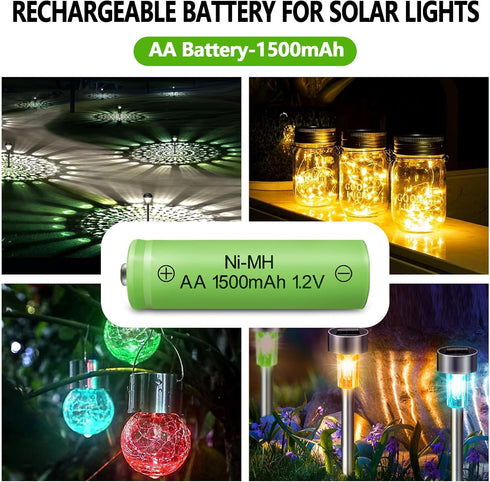 Rechargeable AA NIMH Battery, 1.2V 1500mAh High Capacity, 8 Pack Pre-Charged for Solar Light Replacement