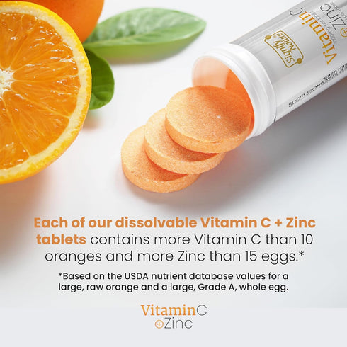Effervescent Vitamin C 1000mg Tablets - Immune Support with Zinc, Sugar-Free & Vegan, 20CT
