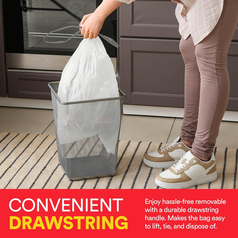 Small Trash Bags ¦ 4 Gallon Drawstring Trash Bags, 57 White Unscented Garbage Bags for Bathroom Cleaning Supplies