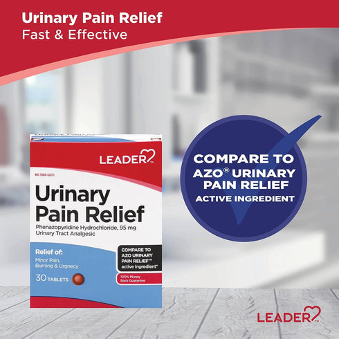 LEADER Urinary Pain Relief Maximum Strength, Fast Relief of UTI Pain, Burning & Urgency, Urinary Tract Infection, Phenazopyridine Hydrochloride 95 mg, 30 Tablets, 2-Pack