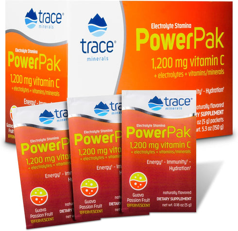 Trace Minerals Power Pak Electrolyte Powder Packets, 1200 mg Vitamin C, Guava Passionfruit, 30 Packets