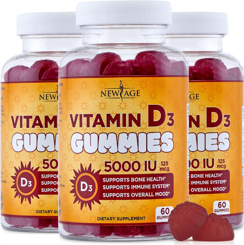 NEW AGE Vitamin D3 5000 IU 125mcg Gummies - Immune Support, Strong Bone Health - Non-GMO, Gluten-Free, Dairy-Free (180