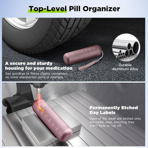 Zannaki Weekly Pill Organizer - Metal Moisture Proof, Stackable Aluminum Alloy, BPA Free, 7 Day Pill Box Case