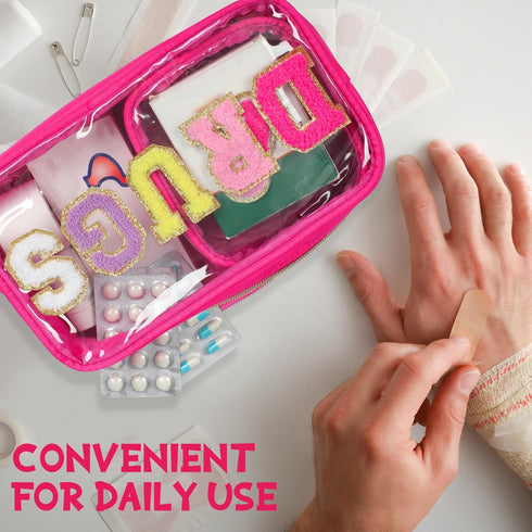 Hillban 2 Pcs Chenille Letter Medicine Bag, Preppy Clear Makeup Meds Travel Pouch Set, PVC Cosmetic Bag for School