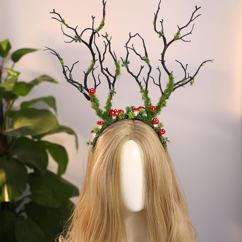 MOSTORY Green Mushroom Branch Headband - Handmade Woodland Hairband Flower Forest Crown for Women Girls Renaissance Mardi Gras Carnival Cosplay Party Photo Shoot