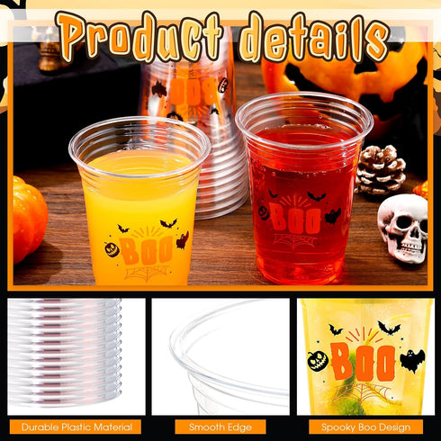 Tiangrid 100 16 oz Pcs Halloween Plastic Cups Bulk Disposable Halloween Boo Party Cups Spooky Clear Plastic Glasses