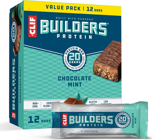CLIF Builders - Chocolate Mint Flavor, Plant Based Protein Bars, Gluten Free, 20g Protein, 2.4 oz. (12 Pack)