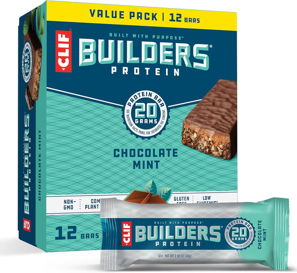 CLIF Builders - Chocolate Mint Flavor, Plant Based Protein Bars, Gluten Free, 20g Protein, 2.4 oz. (12 Pack)