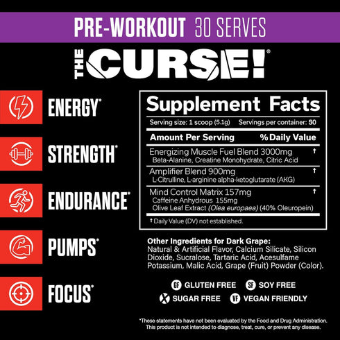 JNX SPORTS The Curse! Pre Workout Powder - Dark Grape 30 Servings | Boost Strength, Energy + Focus