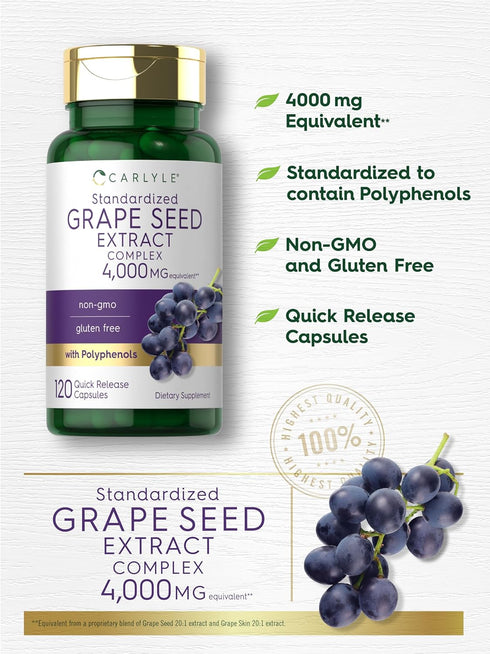 Carlyle Grape Seed Extract 4,000mg | 120 Quick Release Capsules | Non-GMO, Gluten Free Supplement