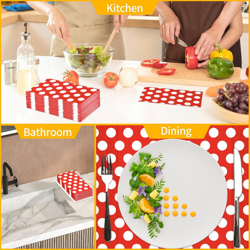 DYLIVeS 100 Pack Red and White Polka Dots Guest Towel Napkins, 3-Ply Disposable Dinner Napkins for Parties & Events