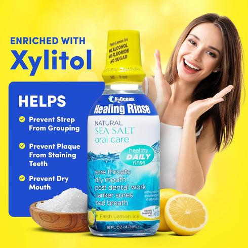 H2Ocean Healing Rinse Mouthwash 2 Pack - Lemon Ice 16oz - Alcohol & Fluoride Free - Great Tasting Sea Salt & Xylitol