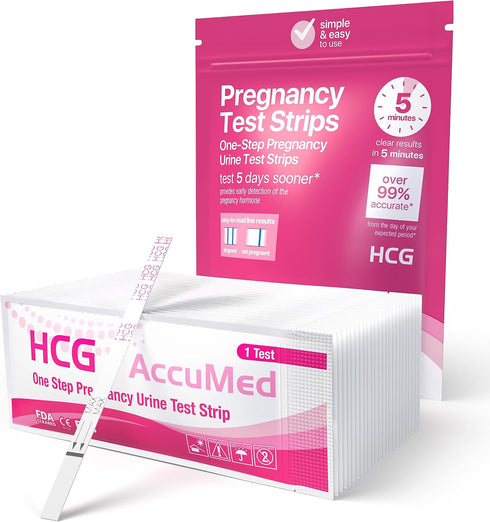 AccuMed 25-Count Pregnancy Test Strips, Individually Wrapped Early Home Detection HCG Test Kit, Clear