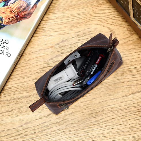 Makeup Bag for Travel - Slim Stylish Design, Genuine Leather Stationary Bag Fits in All Purses & Bags