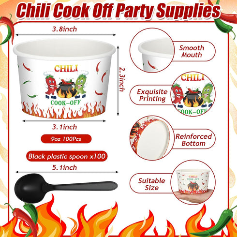 Reallnaive 200 Pack 9oz Chili Cook off Party Decorations Disposable Sample Cook off Tasting Paper Cups and Plastic