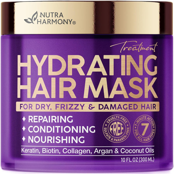 Hydrating Hair Mask for Damaged Hair, 10 FL OZ, Keratin Hair Mask with Biotin, Argan & Coconut Oil, Sulfate Free